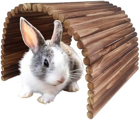 kathson Wooden Rabbit Hideout with Tunnel,Extra Large Bunny Bridge Guinea Pig Wood Ladder Flexible Hamster Ramp Small Animal Climbing Toys for Ferret Hedgehog Chinchillas and Other Rodents