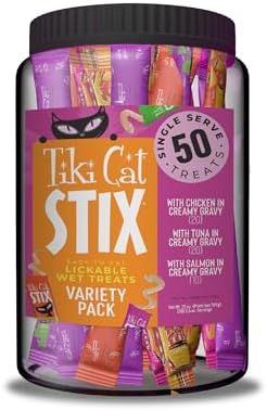 Tiki Cat Stix Wet Cat Treats, Variety Mega Jar, 0.5 oz. Servings, 50 Count
