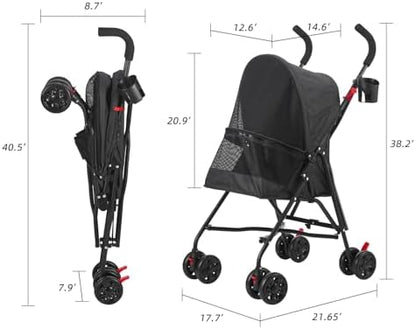 Pet Stroller Oxford Cloth Foldable Dog Strollers for Small Dogs and Cats Suitable for All Road Surfaces Wide-View Panoramic Window 4 Wheels with Brakes Portable Design, Easy to Store (Blue)