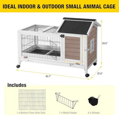 Aivituvin Rabbit Hutch Indoor Bunny Cage Outdoor Bunny House with Wire Floor Leakproof Plastic Tray, Brown