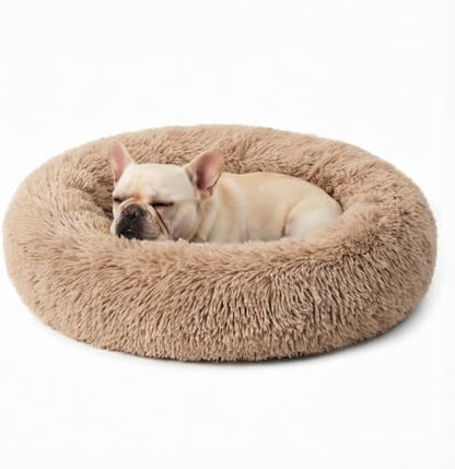 Calming Large Donut Dog and Cat Bed, Anti-Anxiety Round Soft Fluffy Plush Faux Fur Washable Anti-Slip Pet Bed for Medium Dogs Up to 35 lbs 28in (Camel)