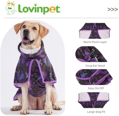 LovinPet 3-in-1 Dog Warm Winter Coat & Bathrobe, Black Dinosaur Fleece, 2XL