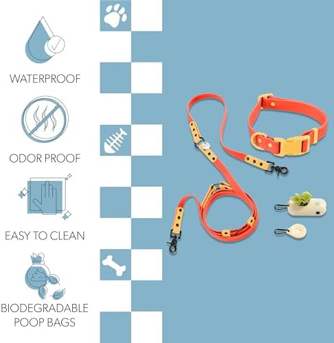 WLK1006A-5SET Luna Large 8FT Adjustable 6-in-1 Waterproof Hands-Free Leash and Collar with LED Flashlight, Bag Dispenser, and Poop Bag Holder, Aperol