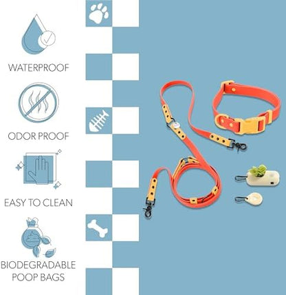 WLK1006A-5SET Luna Large 8FT Adjustable 6-in-1 Waterproof Hands-Free Leash and Collar with LED Flashlight, Bag Dispenser, and Poop Bag Holder, Aperol