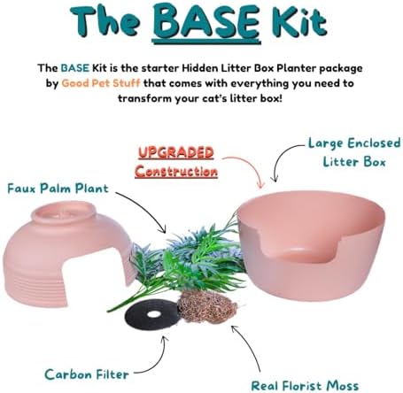 Good Pet Stuff Original Hidden Litter Box Planter, Decorative Cat Litter Enclosure with Carbon Filter, Artificial Palm Plant, Upgraded Design, Easy to Clean, Base Kit, Pink Coral