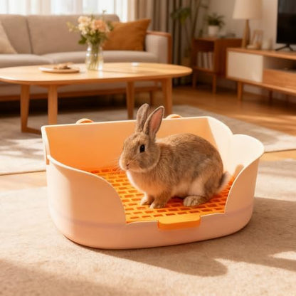 PINVNBY Litter Box for Rabbits,Plastic Rabbit Pan with Grate,Bunny Potty Training Corner Detachable Rabbit Toilet Bedding Accessory for Hedgehog Chinchilla Ferret (Orange)