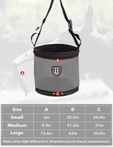 Harrison Howard Horse Muzzle Feed Bag Nylon Mesh Grain Feed Bag with Padded Neck Strap Adjustable Belt Dark Gray Large