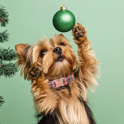 Christmas Plaid Dog Collar for Small Dogs - Green & Rose Tartan Christmas Collars for Dogs, Sweet Festive Winter Heavy-Duty Adjustable Dog Collars with Metal Buckle S