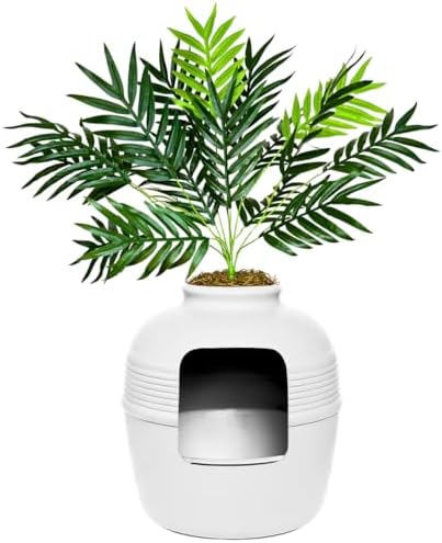 Good Pet Stuff Original Hidden Litter Box Planter, Decorative Cat Litter Enclosure with Carbon Filter, Artificial Palm Plant, Upgraded Design, Easy Clean Litter Tray, Essentials Kit, White Birch
