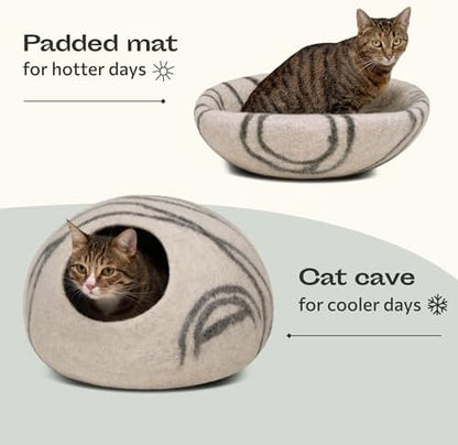 MEOWFIA Cat Cave – Premium Felt Cat Bed for Indoor Cats, Handmade 100% Merino Wool (Light Grey, Medium) (Pack of 2)