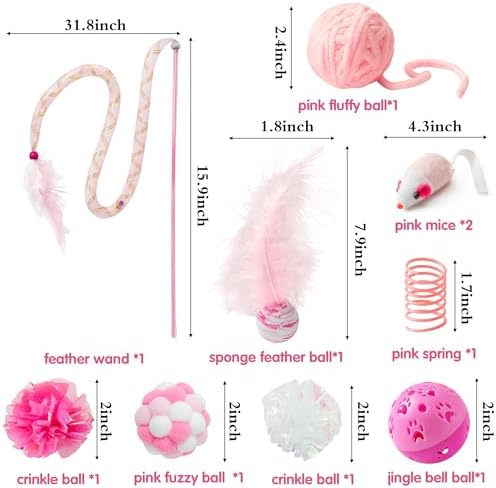MALLMALL6 10Pcs Cat Toy Set Interactive Cat Toys Pack Including Feather Teaser Wand Cat Springs Mice Crinkle Balls and Pet Bell Balls, Puzzle Toys for Indoor Cats Gift (Pink)