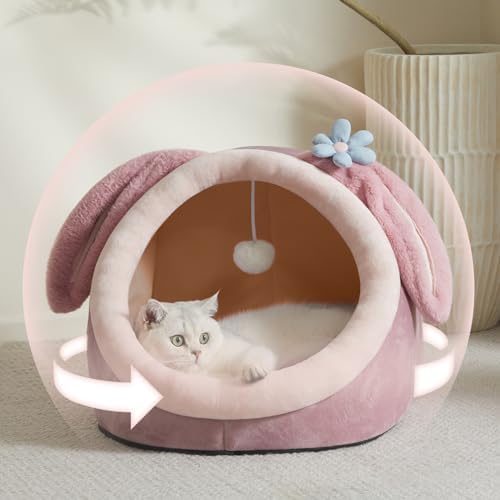 Jiupety Cute Cat Bed for Indoor Cats, Warm Soft Cave Fit for 11-17 lb Cats and 0-8 lb Dogs, Pink Rabbit, L