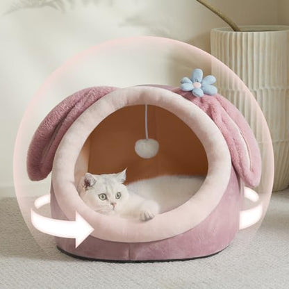 Jiupety Cute Cat Bed for Indoor Cats, Warm Soft Cave Fit for 11-17 lb Cats and 0-8 lb Dogs, Pink Rabbit, L
