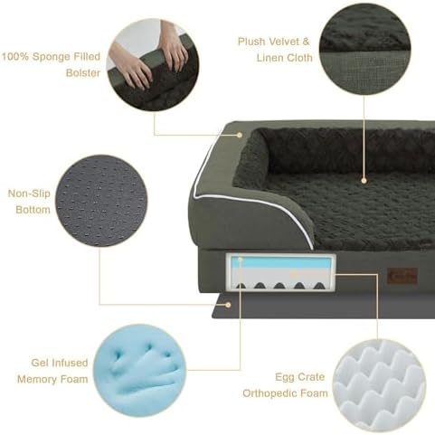 Orthopedic Washable Dog Bed for Large Dogs, 36x27in, Dark Green