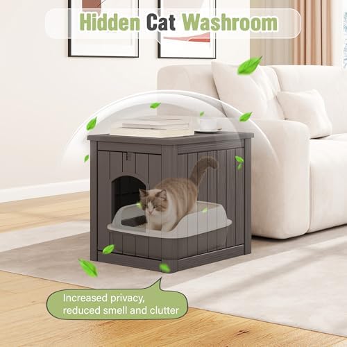 Cat Litter Box Enclosure, Feral Outdoor Cat Enclosure Weatherproof for Winter Outside, Litter Box Furniture Fit Litter Box, Sturdy Resin Shelter for Living Room, Easy to Assemble, Grey