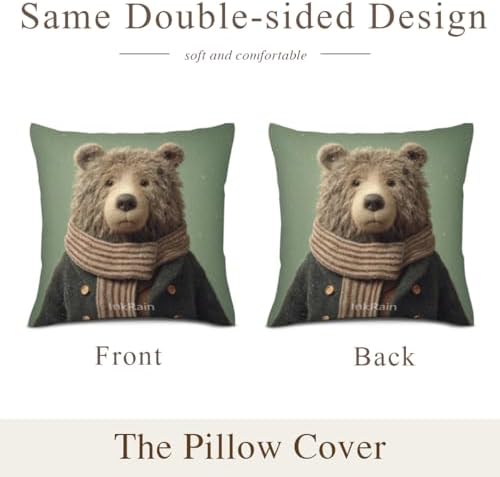 InkRain Winter Animal Cute Bear Pillow Cover 20x20 Inch Set of 2 Home Decor Decorative Cotton Linen Illustration Pillowcases for Living Room House Sofa