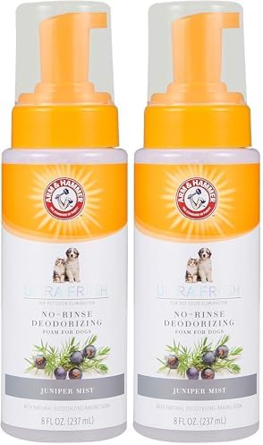 Arm & Hammer for Pets Ultra Fresh Dog Deodorizing Foam,Juniper Mist Scent - No Rinse Waterless Dog Shampoo for Smelly Dogs,Pet Deodorizer,Bathing Supplies,8 Fl Oz,(Pack of 2)