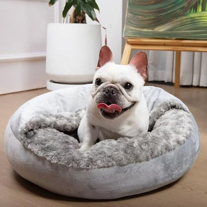 Small Dog Bed with Blanket Installation Required Removable Cover Cave Washable Cat Pet Bed for Crate Toy Puppy Donut Round Pad Plush Cozy Anti-Slip Bottom Gray 23X23X7 inch