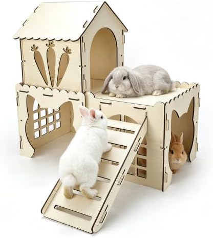 Rypet Extra Large Wooden Rabbit Castle, Bunny House Hideout with Stairs