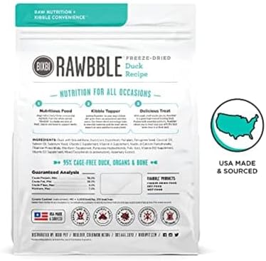 BIXBI Liberty Freeze-Dried Dog Food Topper & Treats, Duck – 95% Meat & Organs, No Refrigeration – USA Made, 26 oz
