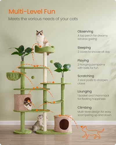 Feandrea Cat Tree, 68.1-Inch Multi-Level Plush Cat Tower, Artificial Leaves