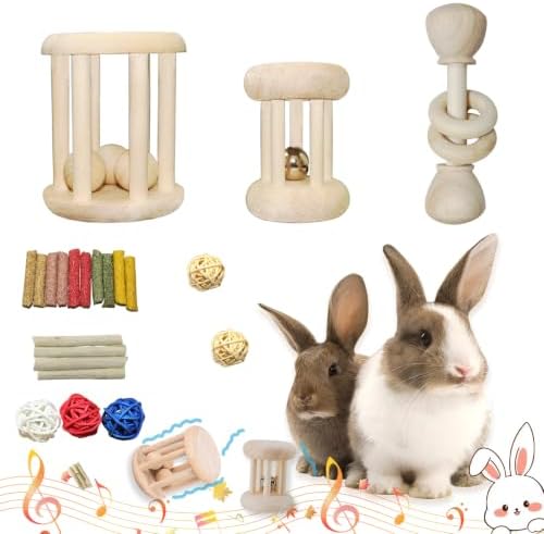 QWR 23 PCS Natural Wooden Rabbit Toys,Safe Bunny Chew Toys for Teeth,Grass Timothy Sticks,Sweet Bamboo,Guinea Pigs Teeth Grinding Toys for Chinchillas, Hamsters & Small Animals - Indoor & Outdoor