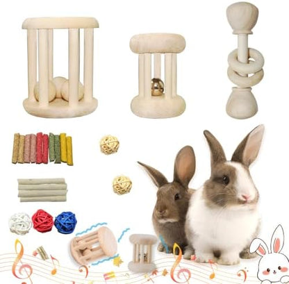 QWR 23 PCS Natural Wooden Rabbit Toys,Safe Bunny Chew Toys for Teeth,Grass Timothy Sticks,Sweet Bamboo,Guinea Pigs Teeth Grinding Toys for Chinchillas, Hamsters & Small Animals - Indoor & Outdoor
