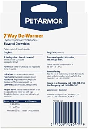 PetArmor 7 Way De-Wormer for Dogs, Oral Treatment for Tapeworm, Roundworm & Hookworm, Small Dog Dewormer (6-25 lbs) with Praziquantel & Pyrantel Pamoate, 6 Flavored Chewables