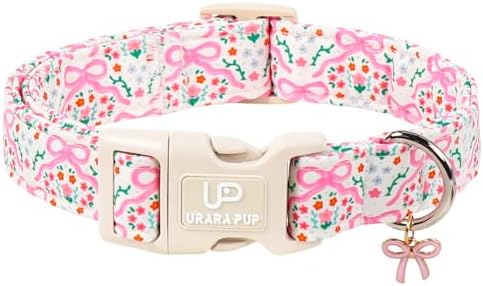 Cute Floral Cotton Dog Collar with Pink Bow Charm, Soft Adjustable Puppy Collar with Durable Quick Release Buckle for Small Medium Dogs Girl Pets