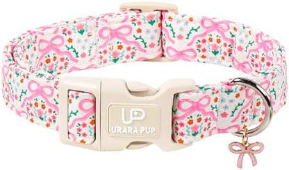 Cute Floral Cotton Dog Collar with Pink Bow Charm, Soft Adjustable Puppy Collar with Durable Quick Release Buckle for Small Medium Dogs Girl Pets