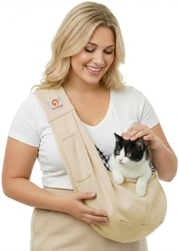 Tomkas Small Dog Cat Sling Carrier Puppy Purse Travel Wrap Soft Crossbody Pet Bag (Cream, M - Classic Pocket & Classic Strap)