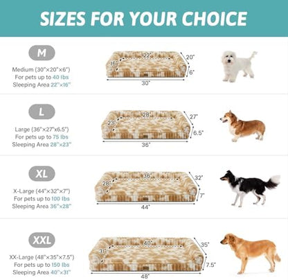 COZY KISS Ultra Soft Faux Rabbit Fur Dog Bed for Large Dogs – 44"x32" Orthopedic Foam Couch, Removable Washable Cover & Waterproof Lining, Tie-Dye Brown