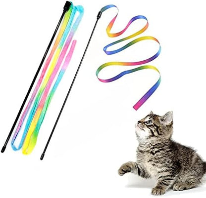 LASOCUHOO Interactive Cat Wand Toys Interactive Cat Teaser Wand String Ribbon Rainbow Charmer for Cats and Kittens - 2 Packs
