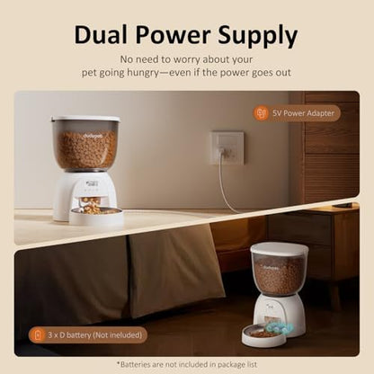 5L/21 Cup Automatic Cat Feeder, Timed Cat Food Dispenser, Automatic Pet Feeders Up to 6 Meals 1-20 Portion, Dual Power Supply Cats Feeder with Stainless Steel, Pet Dry Food Dispenser for Cats & Puppy
