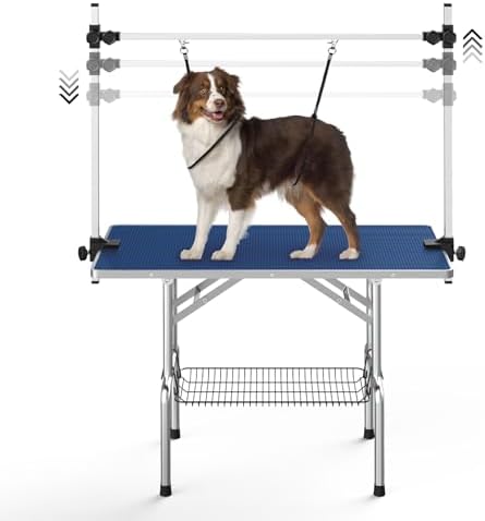 Lyromix 36'' Stainless Steel Pet Dog Grooming Table, Arm/Noose/Tray, Blue