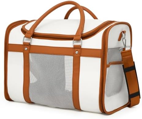 Premium Pet Carrier for Cats & Small Dogs, Stylish White & Brown PU Leather Travel Bag with Mesh Windows, Airline Approved Portable Pet Travel Carrier with Shoulder Strap, Ideal for Travel, Vet Visits