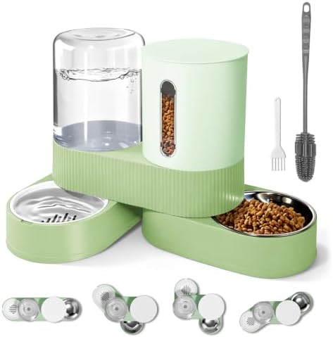 2 in 1 Automatic Gravity Cat Dog Feeder and Water Dispenser with 304 Stainless Steel Bowls, 360 Degree Rotatable Auto Food with 2 Specialized Brushes for Small Medium Pet Dog Puppy Kitten (Green)