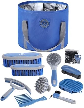 Harrison Howard Horse Grooming Kit 9 Piece with Tote, Non-Slip Silicone Grip Brush Set for Horses, Shedding Bathing Daily Care, Beginner Friendly Deep Blue