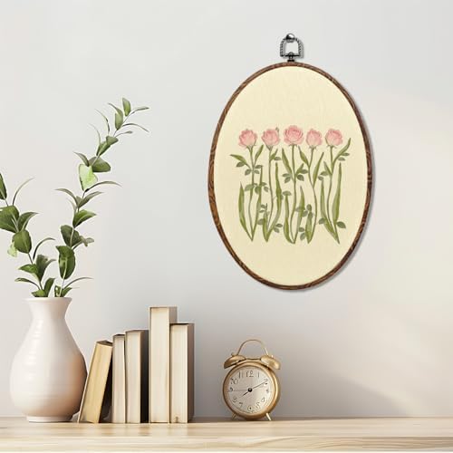 Pink & Green Rose Oval Framed Wall Art, Floral Botanical Canvas Art Wall Decor，Modern Southern Hanging Decor Painting Artwork for Home Office Kitchen Living Room Girls Room Decorations 8.3x12inch