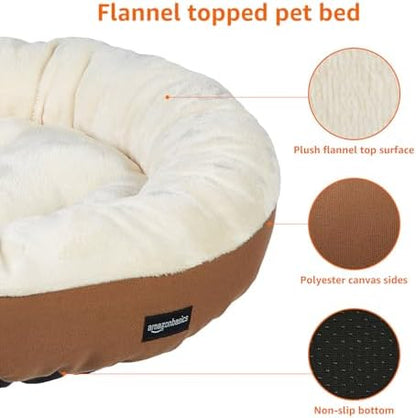Amazon Basics Round Bolster Pet Bed for Dog or Cat with Flannel Top, 20.0" L x 20.0" W x 6.0" Th, Up to 11lbs, Brown and Ivory