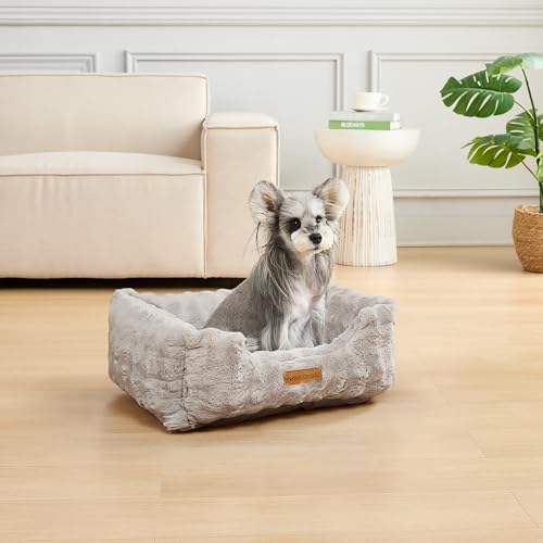 Modern Threads Brushed Long Pile Rabbit Fur Cuddler Dog Bed, Bolstered Supportive Sides, Calming Nest Design, Removable Washable Cover, Bed for Small to Medium Dogs, Stone, (24" L x 20" W x 8" Th)