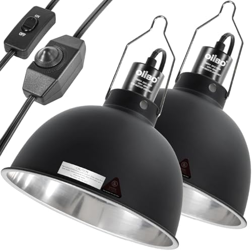 8.5 Inch Reptile Light Fixture with Dimming/Separate Switches, 2 Packs Deep Dome Lamp Cap Reflector Cover, UVB Light Heat Lamp Fixture for Reptile Glass Terrariums, Max 150W Black