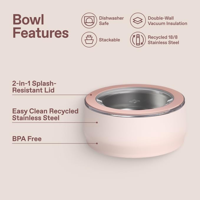 STANLEY Pet Bowl | 3-Cup (24 oz) Insulated Stainless Steel Dog & Cat Bowl | Splash-Resistant Lid | Dishwasher Safe | BPA-Free | Rose Quartz