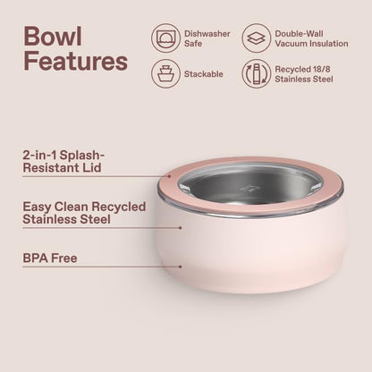 STANLEY Pet Bowl | 3-Cup (24 oz) Insulated Stainless Steel Dog & Cat Bowl | Splash-Resistant Lid | Dishwasher Safe | BPA-Free | Rose Quartz