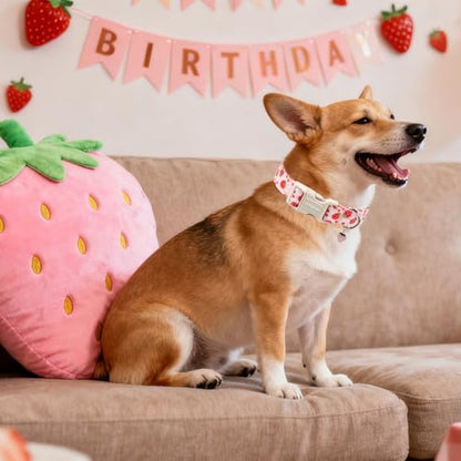 DOGWONG Cotton Handmade Daisy Flower Dog Collar Cute Pink Strawberries Dog Collars with Pendant for Girl Boy Dogs,S