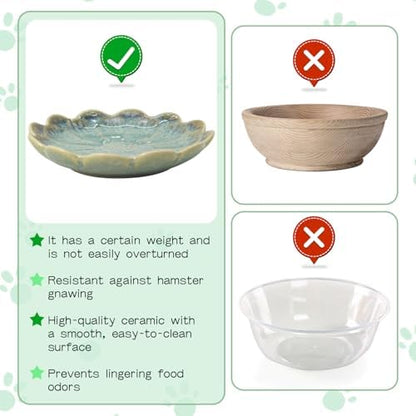 BNOSDM Shallow Ceramic Hamster Food Dish 2 Pcs Small Animals Food Bowl Sunflower Feeding Dishes for Gerbils Mice Rats 4.5in (Dark Green)
