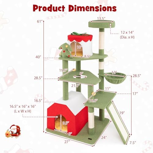 PETSITE 61 inch Cat Christmas Tree, Multi-Level Cat Tower with Sisal Scratching Posts, 2 Cat Condos, Basket Bed, Sisal Covered Ladder, Cute Cat Tree for Indoor Cats