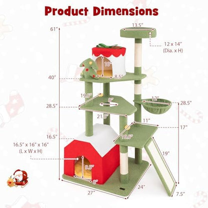 PETSITE 61 inch Cat Christmas Tree, Multi-Level Cat Tower with Sisal Scratching Posts, 2 Cat Condos, Basket Bed, Sisal Covered Ladder, Cute Cat Tree for Indoor Cats