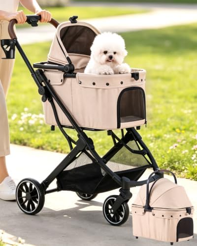 797Audio Dog Cat Stroller for Small Medium Pets,3-in-1 Foldable Pet Stroller with Detachable Carrier,Car Seat,One Click Folding,All-Terrain 4 Wheels,Adjustable Canopy with Sun Shades,Max 121lbs(Beige)