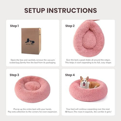 Donut Dog Bed Medium Size Dog, Round Cat Beds for Small Medium Dogs and Cats with Washable Fluffy Faux Fur, Cute Comfort Pet Bed with Anti-Slip Bottom, Pink, 30"